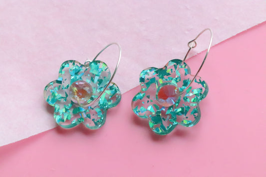 Holographic flakes daisy hoop Earrings