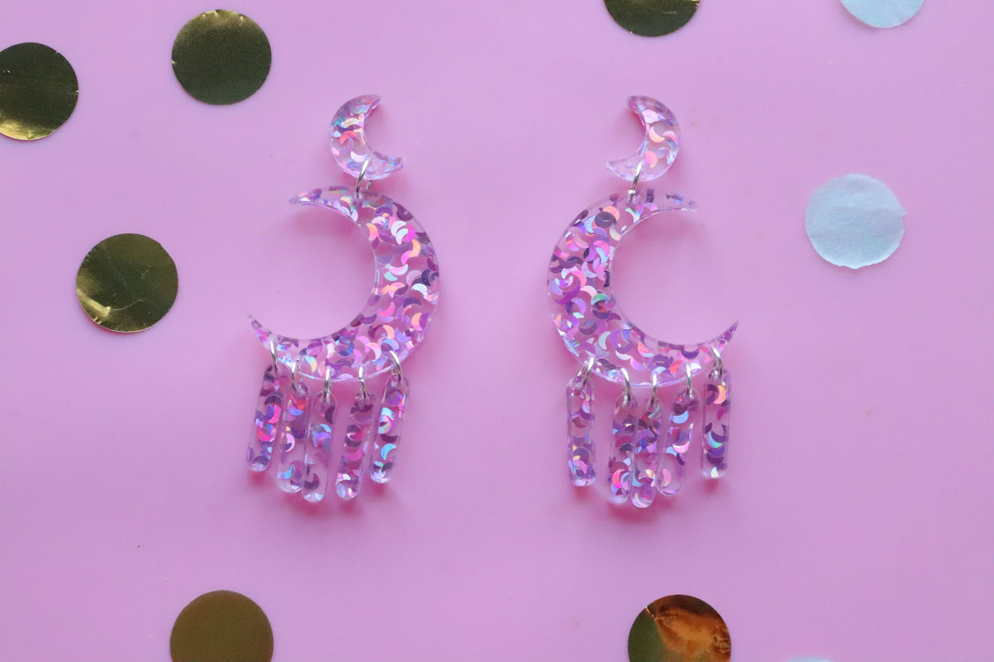 Pink holo Moon earrings