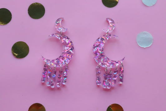 Pink holo Moon earrings