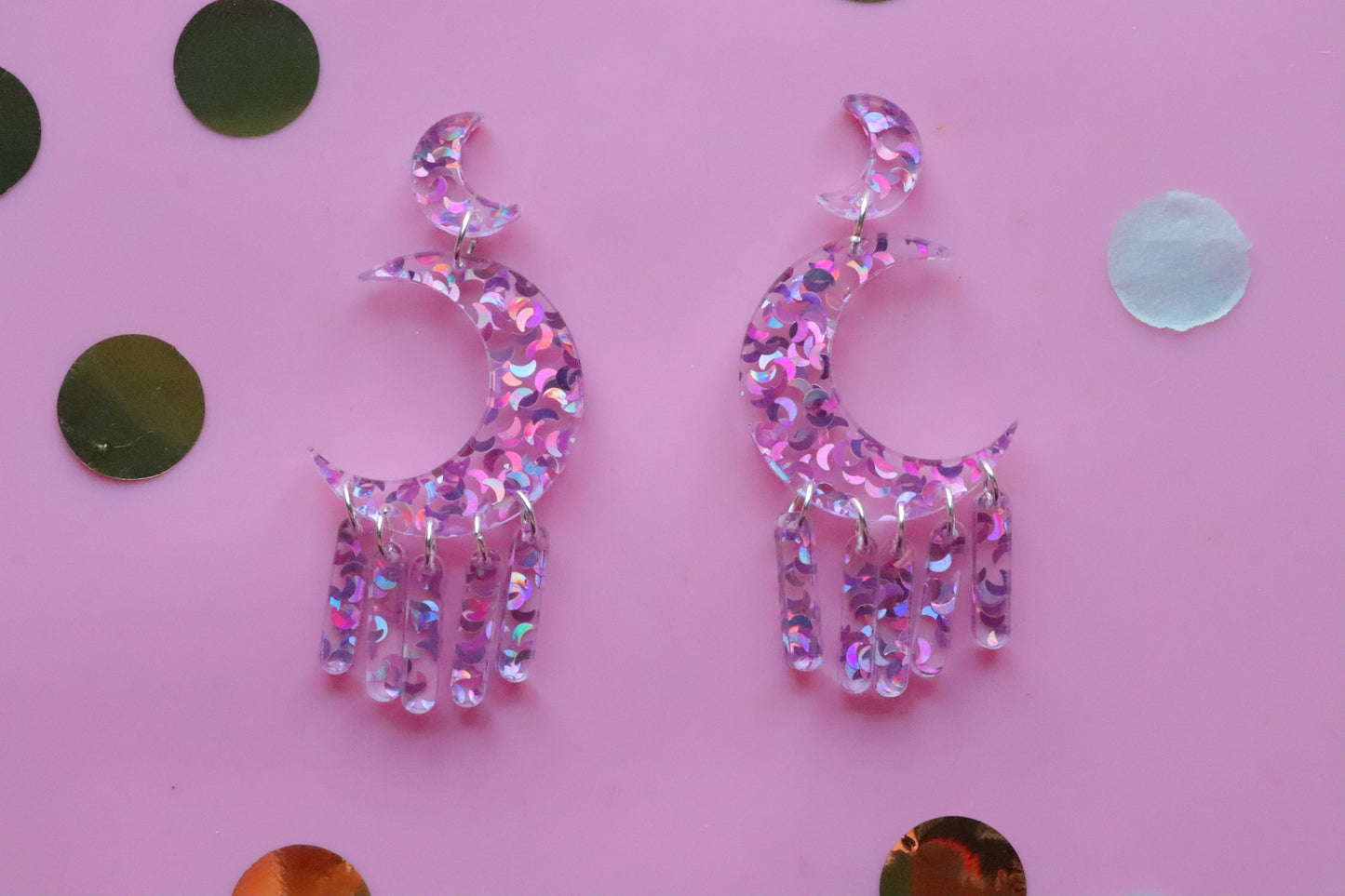 Pink holo Moon earrings