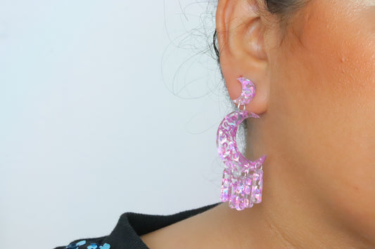 Pink holo Moon earrings