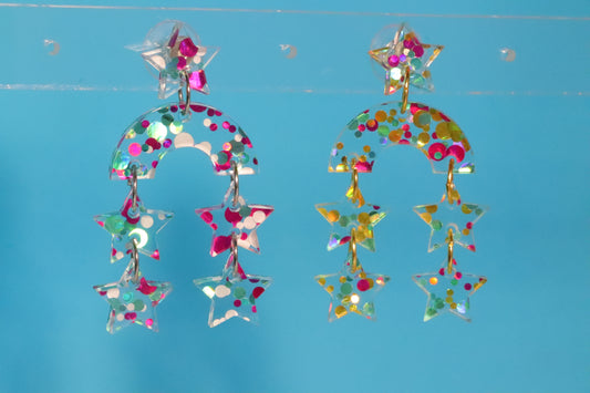 Dainty fun rainbow confetti star clear acrylic earrings