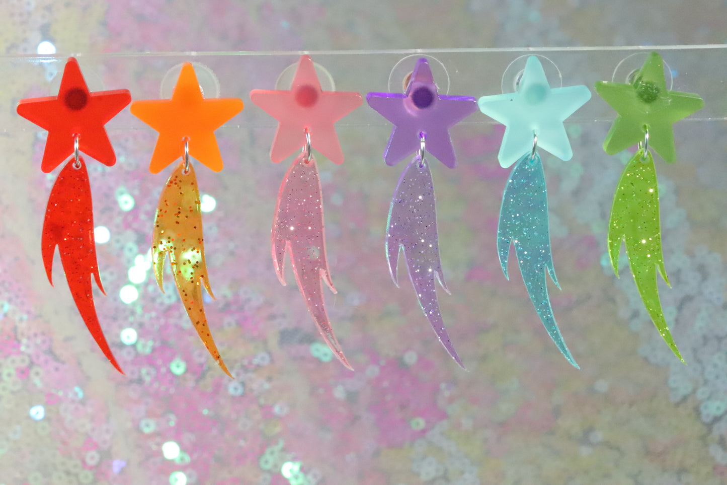 Spring summer clear glitter frost shooting star acrylic earrings - 2 sizes