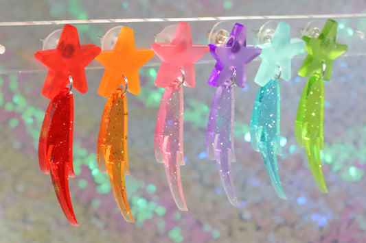 Spring summer clear glitter frost shooting star acrylic earrings - 2 sizes