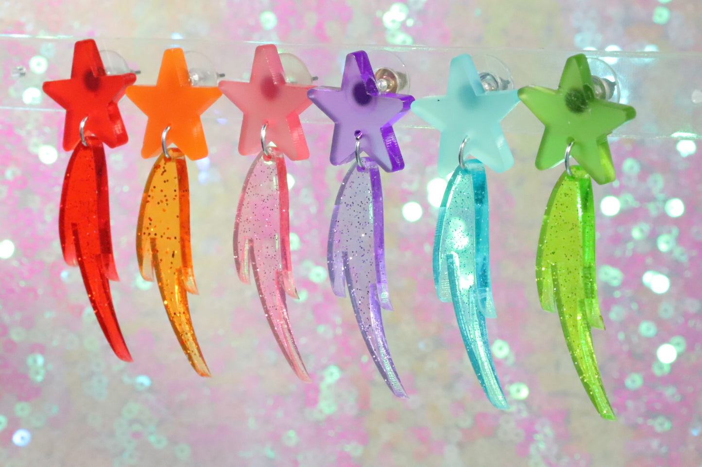 Spring summer clear glitter frost shooting star acrylic earrings - 2 sizes