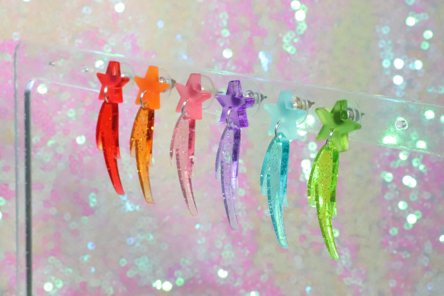 Spring summer clear glitter frost shooting star acrylic earrings - 2 sizes