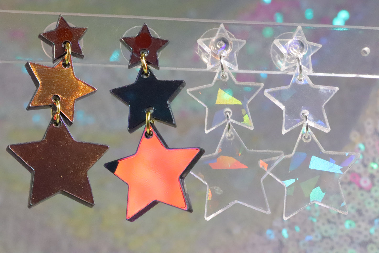 Multidimensional iridescent acrylic star earrings